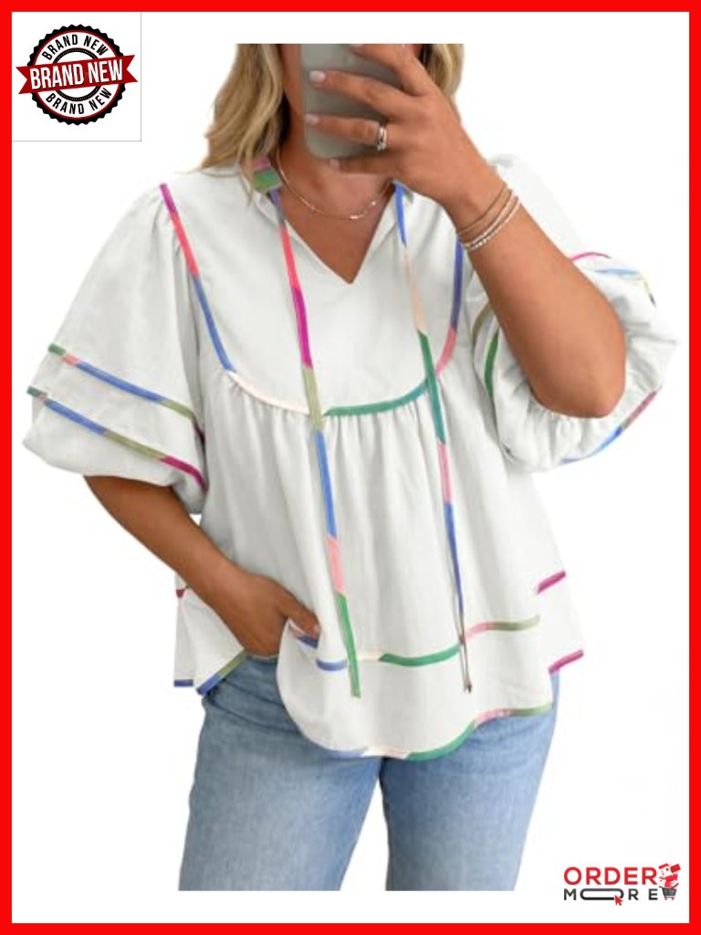 Plus Size Babydoll Top Peplum V Neck Lantern Short Sleeve Blouse Flowy Loose